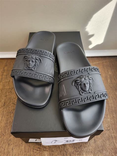 versace flip flops mens black|white Versace pool slides.